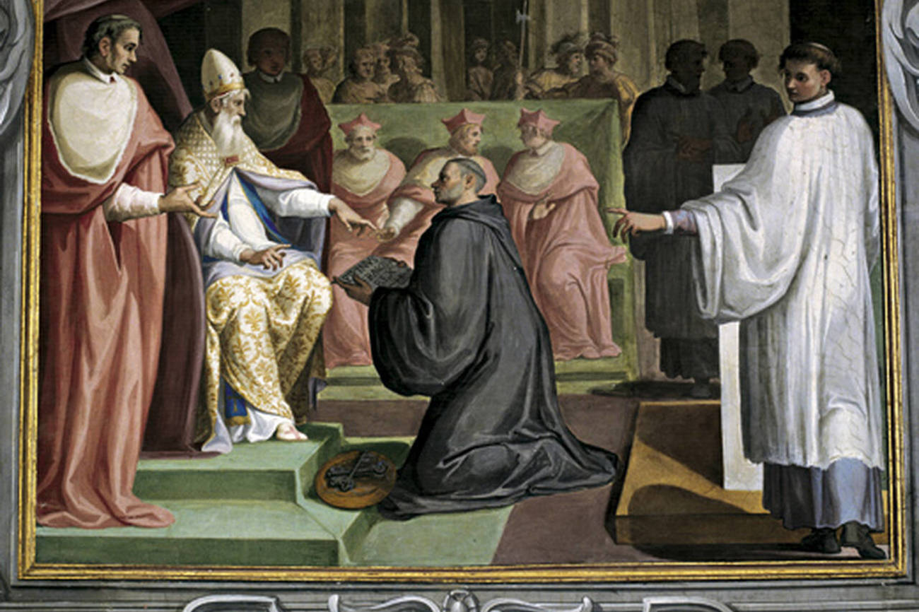 Papst Stephan II. nimmt die Schenkungsurkunde Pippins entgegen. Wie die konstantinsche ist aber auch die pippinsche Schenkung vermutlich eine Fälschung. Bild: wikimedia