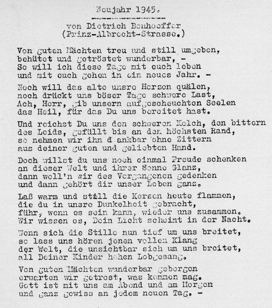 Schreibmaschinenabschrift Bonhoeffers seines Gedichts «Von guten Mächten treu und still umgeben». | Wikimedia